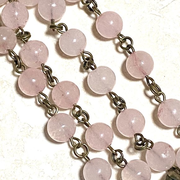 Natural Pink Rose Quartz Necklace, Bronze Fortune Cat + Genuine Gemstone Choker - Picture 8 of 14